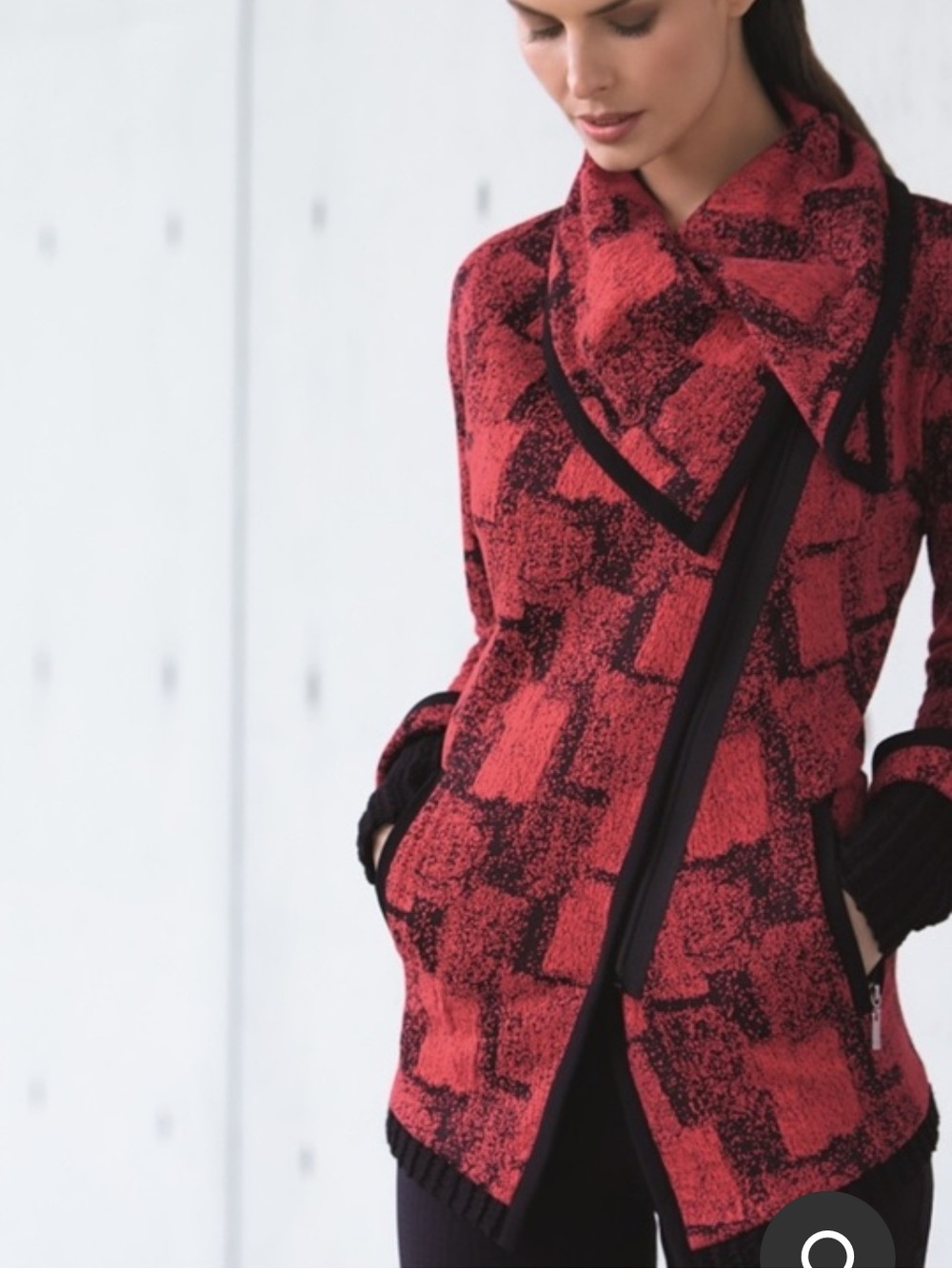 Joseph Ribkoff Red and Black Patterned Asymmetric Zipper Cowl Neck Jacket